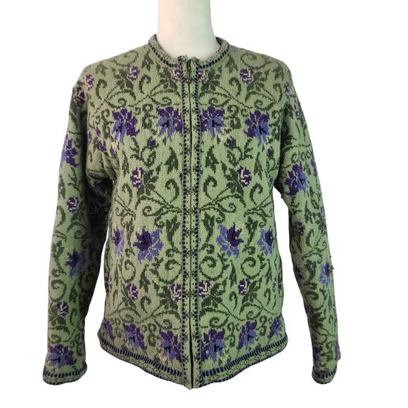 Icelandic Green Purple Floral Wool Blend Lined Vintage Cardigan Jacket Sweater S - Picture 1 of 7